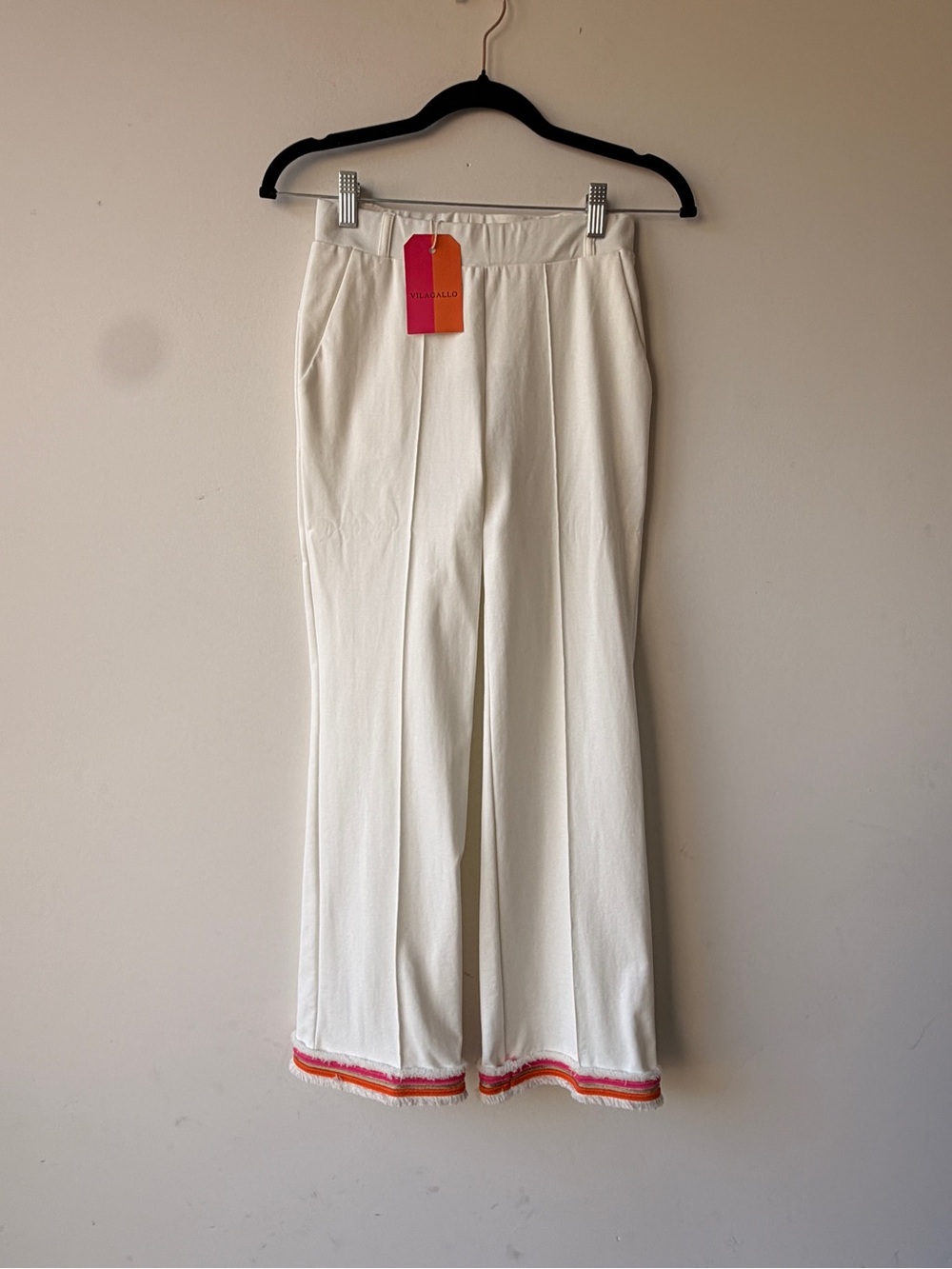 Vilagallo White Wide-Leg Pants with Pink and Orange Hem